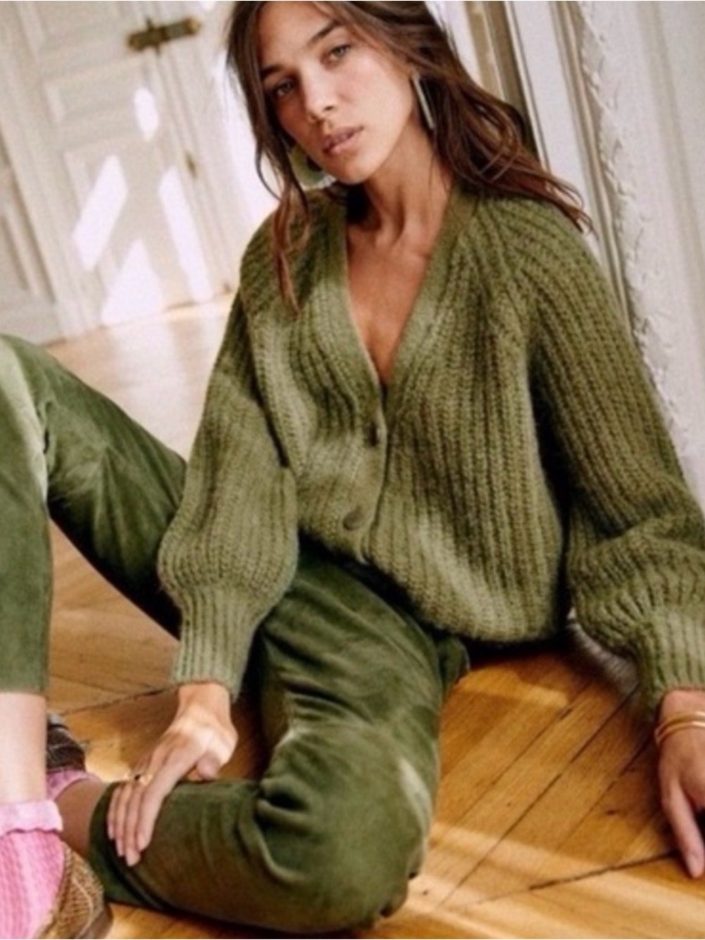 Sézane Basile Cardigan XL Olive Green Alpaca Wool Chunky Knit Balloon Sleeve - Picture 2 of 5